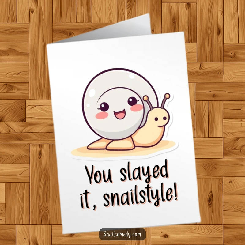 Funny Free Printable Congratulations Card: A cheerful snail peeking out from its shell, celebrating success with a smile.