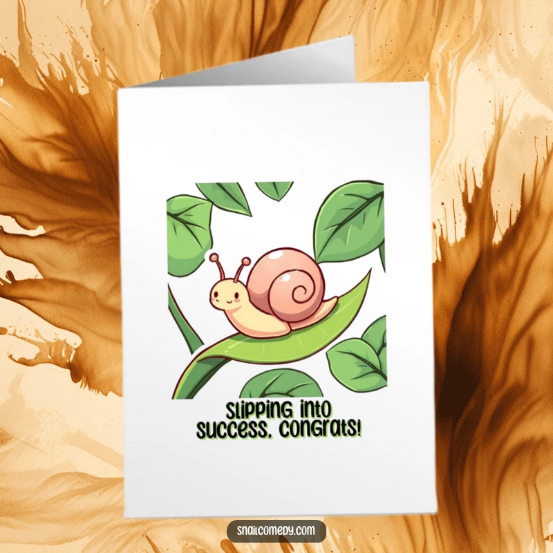 Funny Free Printable Congrats Card: An energetic snail smiling wide while sliding down a slippery leaf, celebrating success.