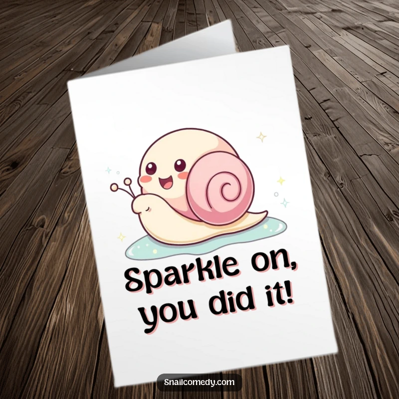 Funny Free Printable Congratulations Card: Adorable kawaii snail joyfully making a sparkling slime trail, celebrating success.