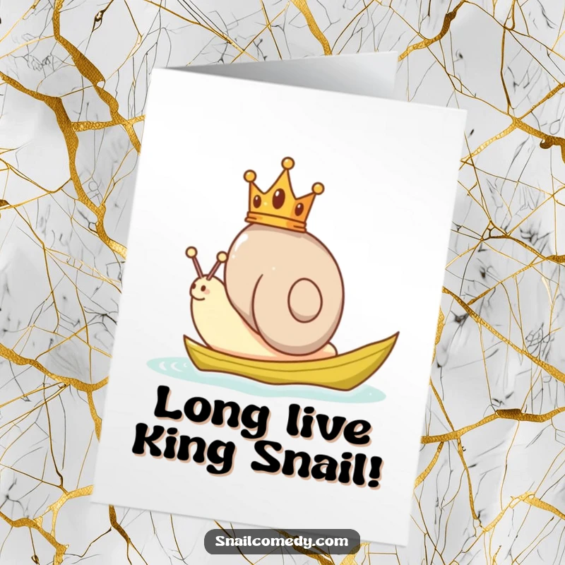 Funny Free Printable Congratulations Card: A regal snail wearing a crown sails joyfully on a leaf boat, celebrating a triumphant moment.