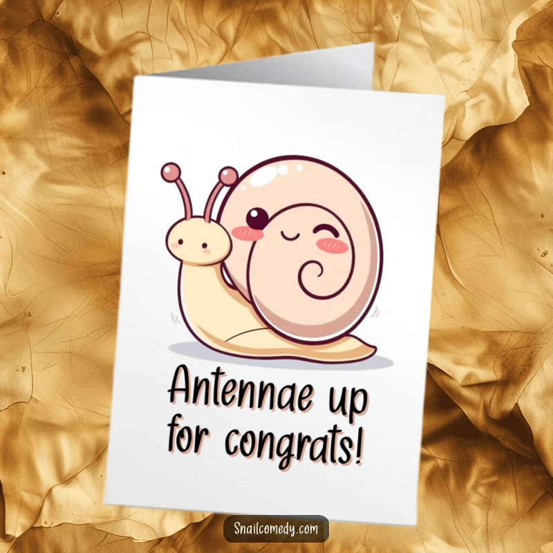 Funny Free Printable Congratulations Card: A kawaii snail character joyfully waving its antennae with a playful expression.