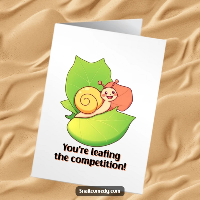 Funny Free Printable Congratulations Card: A happy snail joyfully riding on a giant, colorful leaf, celebrating a well-deserved achievement.