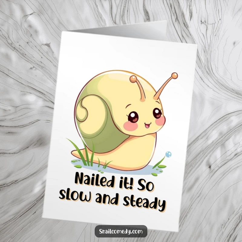Funny Free Printable Congratulations Card: Amusing snail reaching for morning dew, capturing a moment of gentle achievement and celebration.