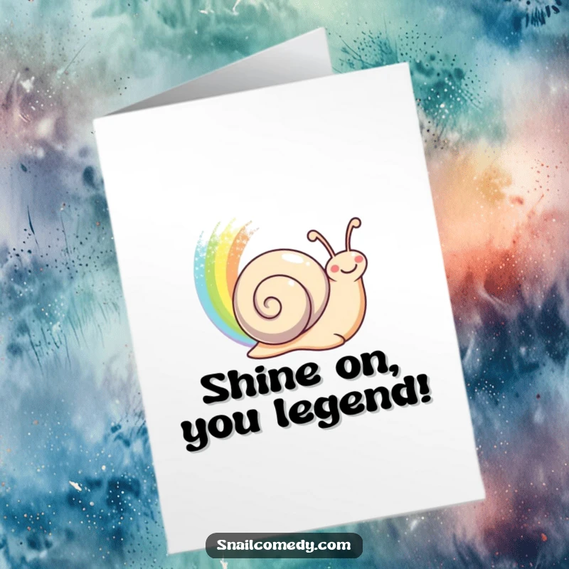 Funny Free Printable Congratulations Card: A happy snail leaving a dazzling, shimmering rainbow trail behind it.