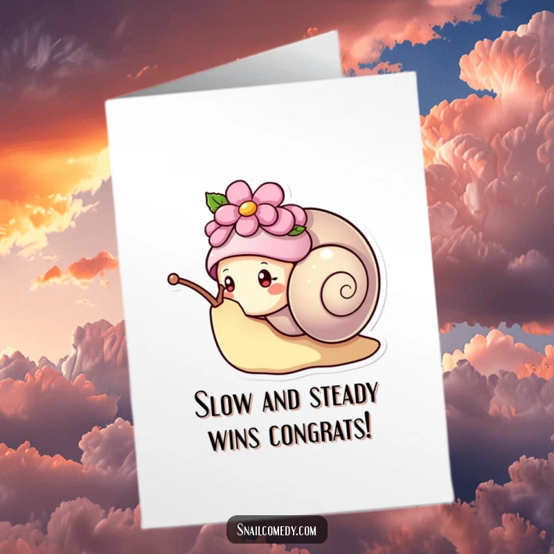 Funny Free Printable Congrats Card: Cute kawaii snail in a flower hat peeking out, perfect for congratulations.