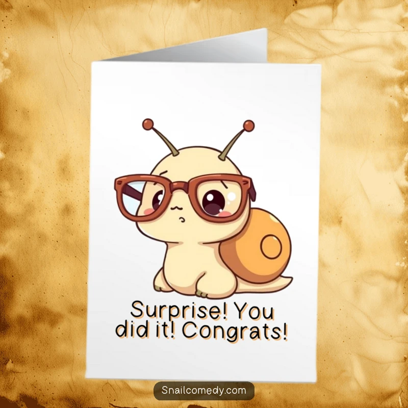 Funny Free Printable Congratulations Card: A kawaii snail with massive glasses, expressing shock and amazement with a comical look.