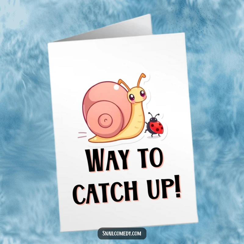 Funny Free Printable Congratulations Card: A snail crosses the finish line ahead of a ladybug, celebrating victory, downloadable art.