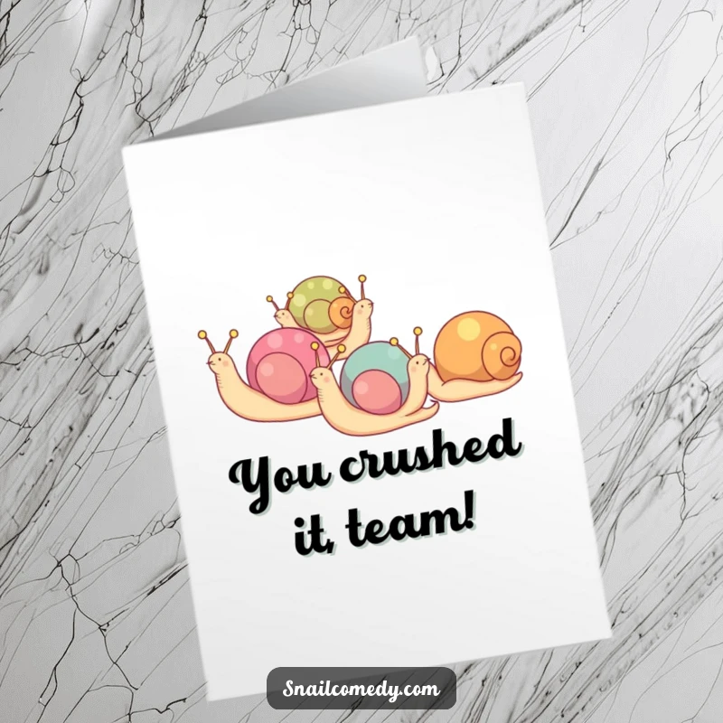 Funny Free Printable Congratulations Card: A line of colorful snails marches together, celebrating a group effort, downloadable art.