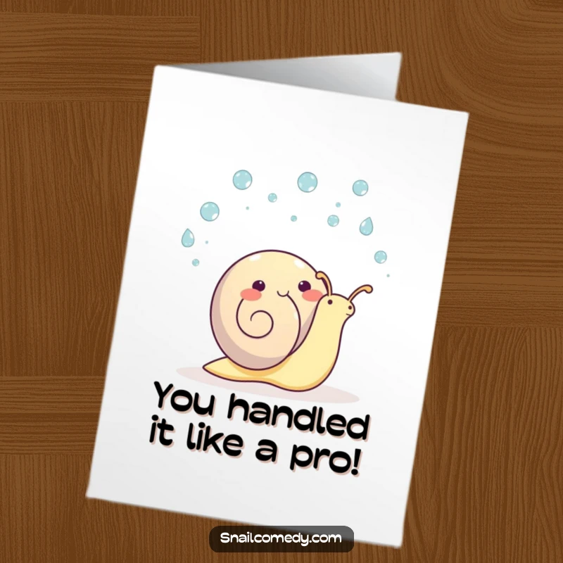 Free Printable Congratulations Card of a kawaii snail cheerfully juggling raindrops, showing happiness and success.