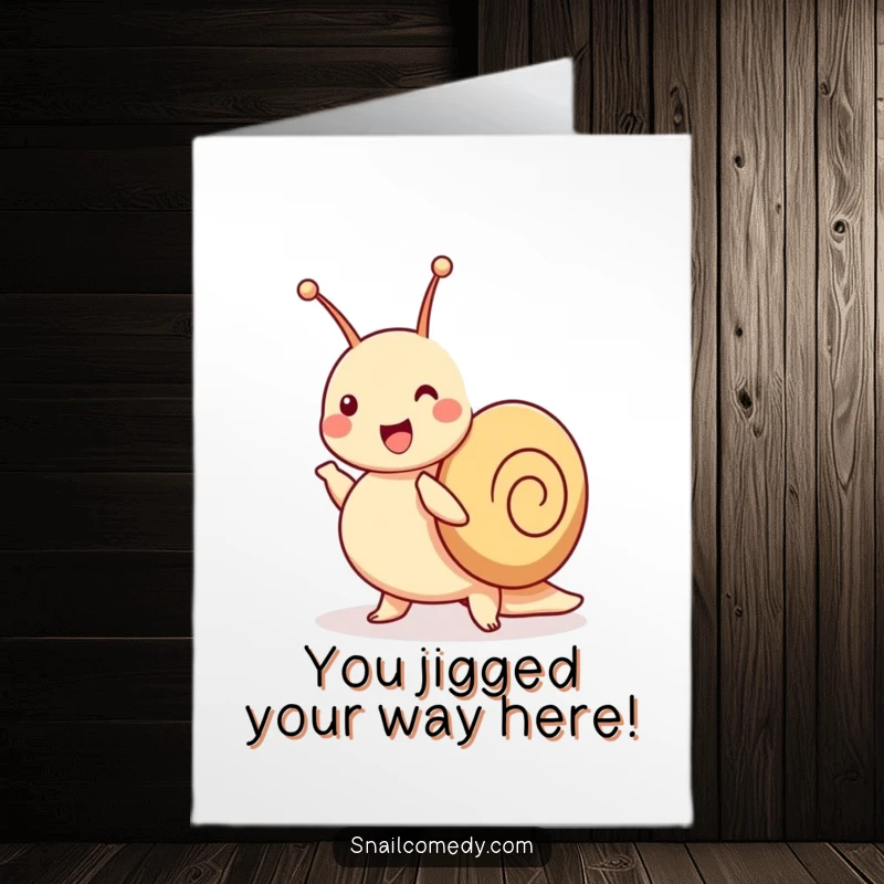 Funny Free Printable Congrats Card: A joyful snail performs a happy jig, antennae wiggling wildly in celebration.