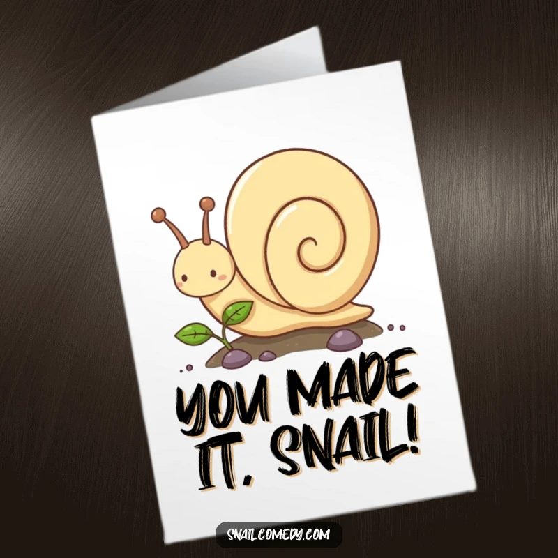 Funny Free Printable Congratulations Card: Kawaii snail character slowly but surely climbs a plant, symbolizing triumph.
