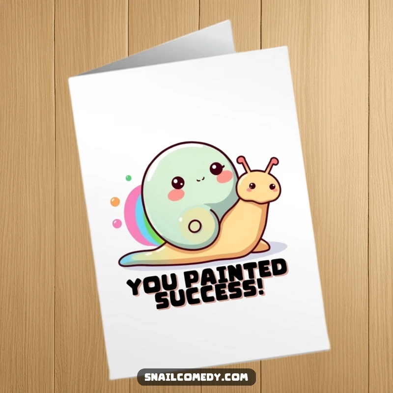 Funny Free Printable Congratulations Card: A happy snail uses its slime trail to paint a brilliant, arcing rainbow, celebrating a new beginning.