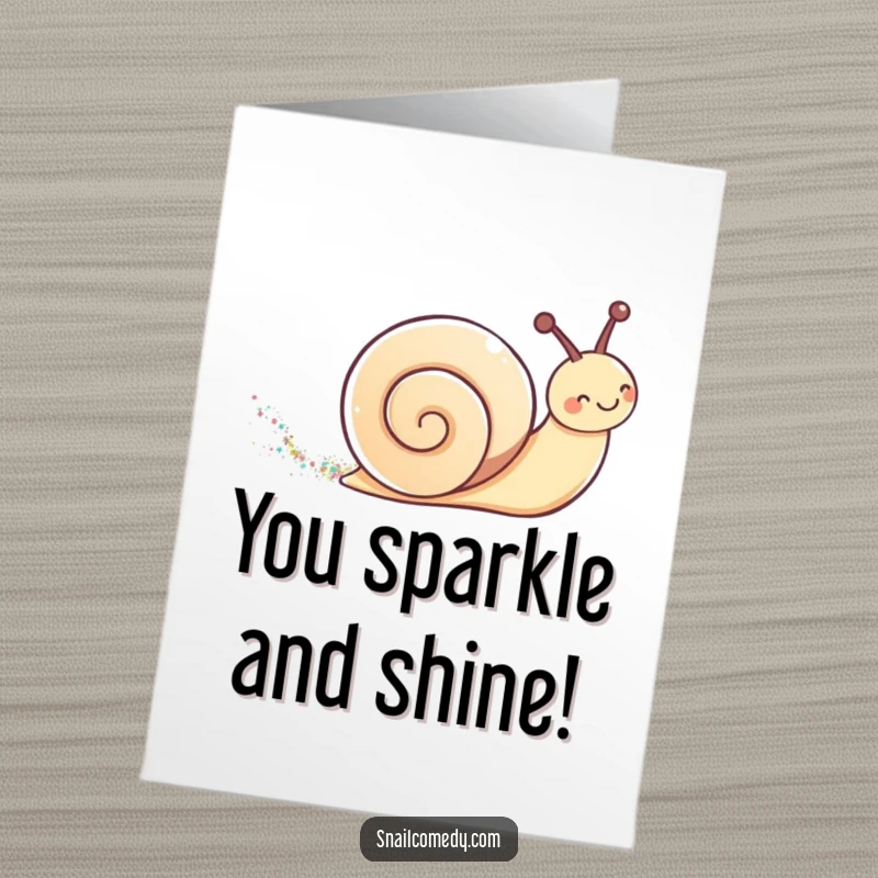 Cute Free Printable Congratulations Card of a kawaii snail leaving a dazzling trail of shimmering glitter, celebrating wins with flair.