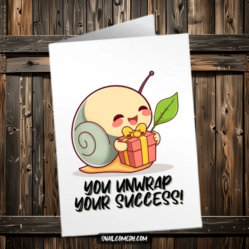Funny Free Printable Congrats Card: Snail excitedly unwraps a tiny leaf present, celebrating a successful moment.