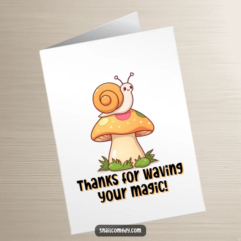 Funny Free Printable Thank You Card: Kawaii snail on a mushroom waves a flag, a sweet downloadable thank you.