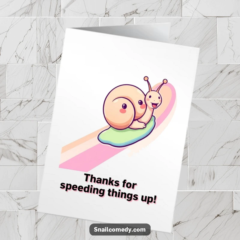 Funny Free Printable Rainbow Snail Thank You Card: Joyful snail sliding down a rainbow, offering a cheerful and funny thank you.