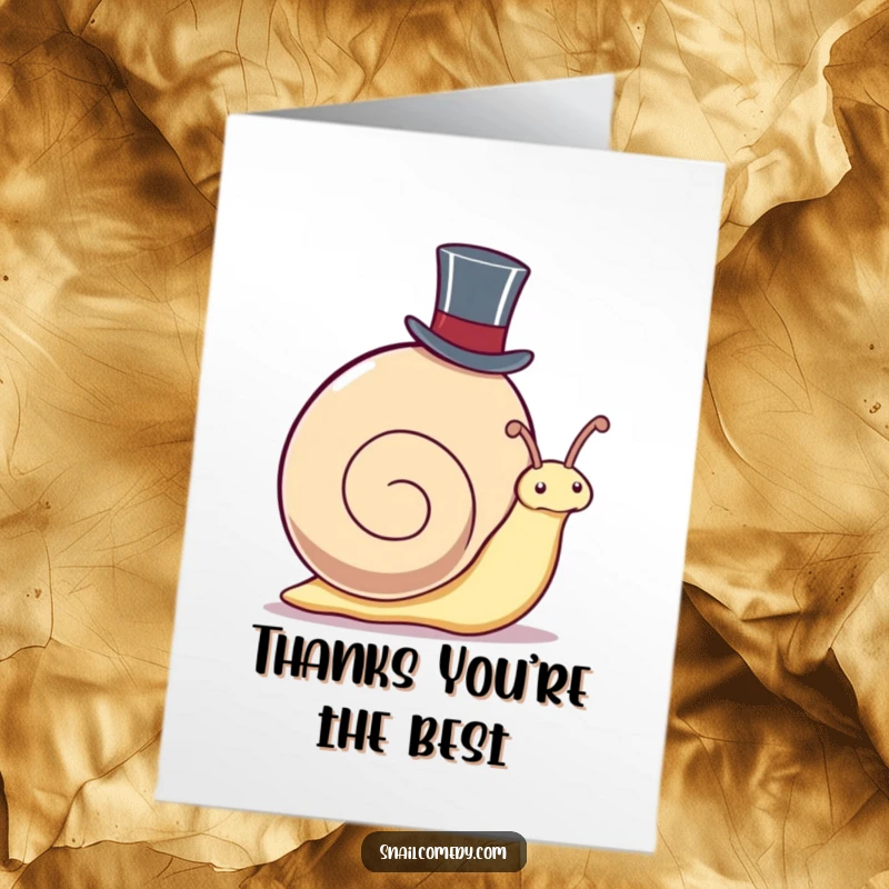 Funny Free Printable Thank You Card: A kawaii snail sporting a top hat, peeking out, a DIY gift.