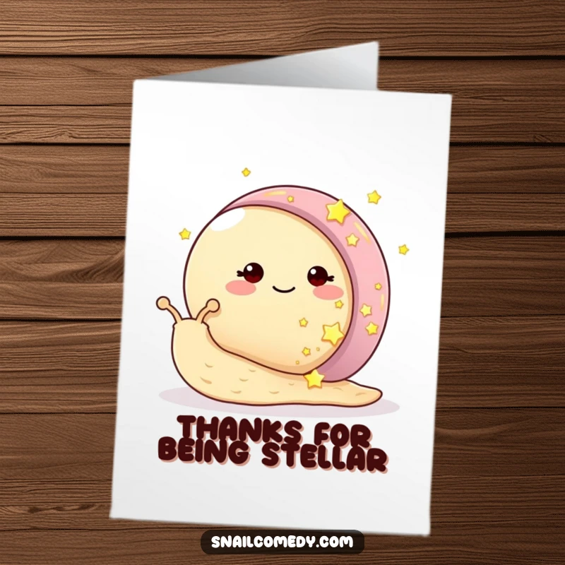 Funny Free Printable Thank You Card: A smiling snail is busy adorning its shell with small, radiant stars, showing thanks.