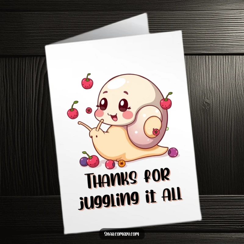 Funny Free Printable Thank You Card: A snail juggles berries with its eye stalks, a comical way to say thank you.
