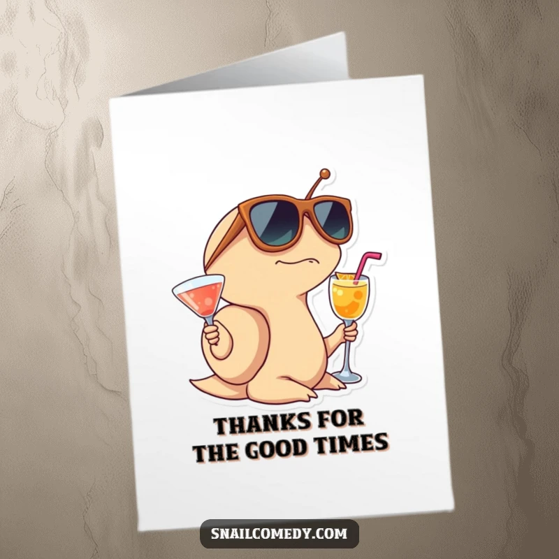 Funny Free Printable Thank You Card: A surprised snail in oversized sunglasses holds a cocktail, offering a cool and relaxed thank you.