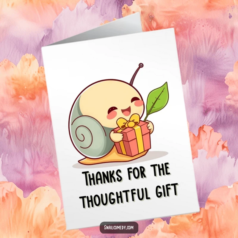 Funny Free Printable Thank You Card: Snail excitedly unwraps a tiny leaf present, showing gratitude.