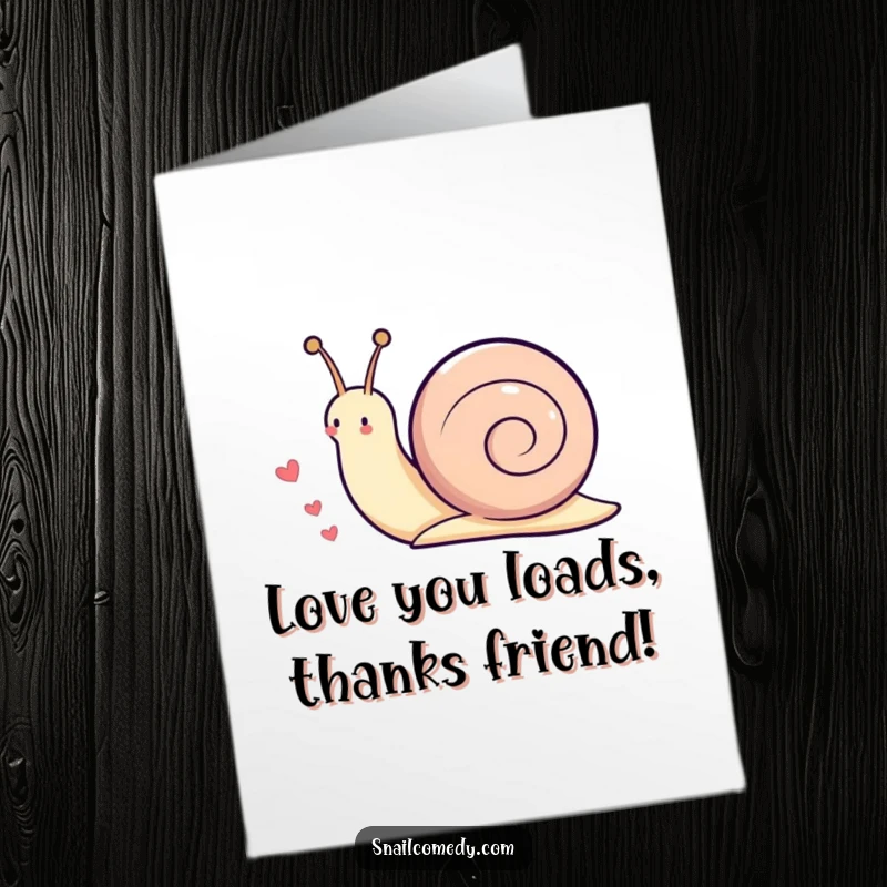 Funny Free Printable Thank You Card featuring a Kawaii snail adorably leaving a trail of little hearts, symbolizing deep gratitude.