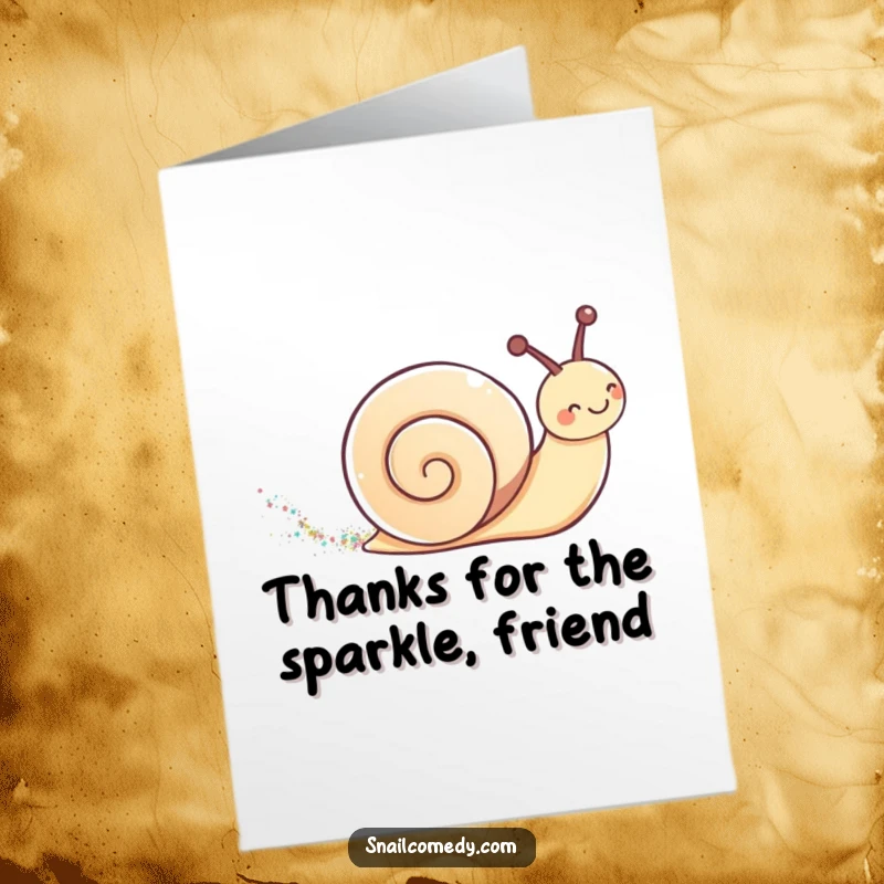 Cute Free Printable Thank You Card with a kawaii snail creating a shimmering glitter trail, expressing thanks with sparkle.