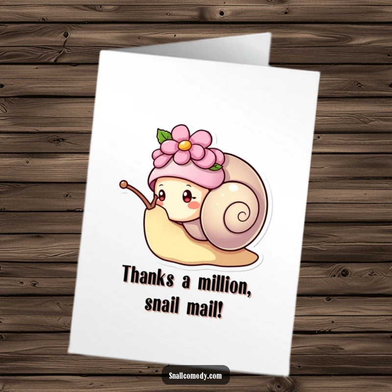Funny Free Printable Thank You Card: A kawaii snail wearing a flower hat peeking out, expressing thanks.