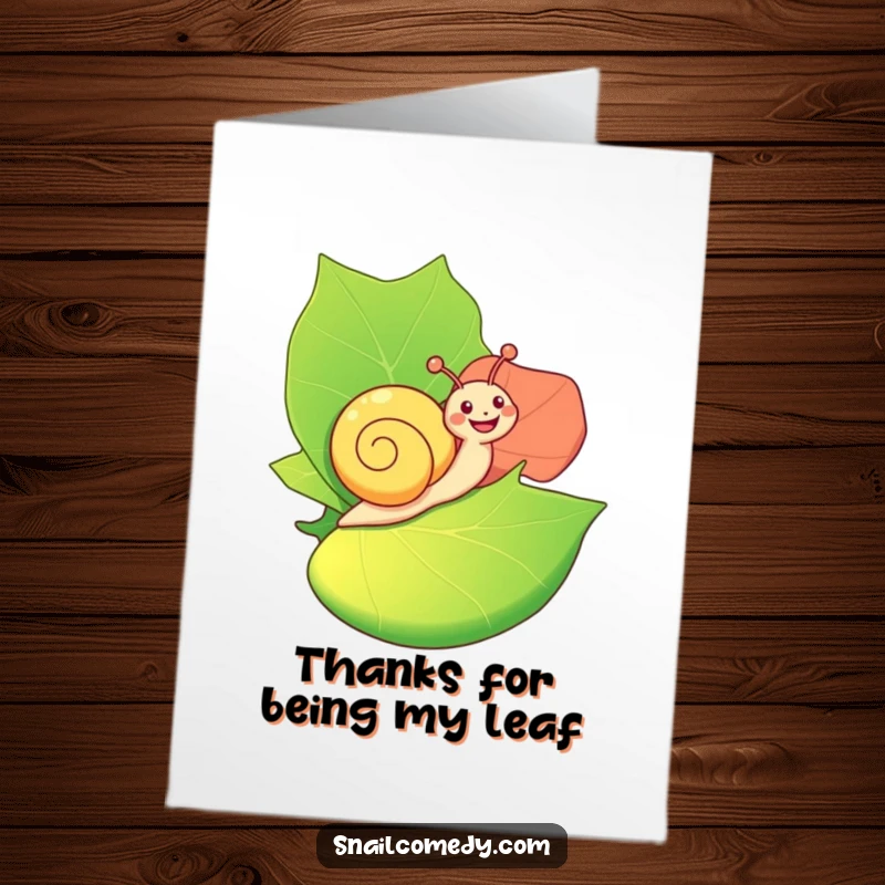 Funny Free Printable Thank You Card: A happy snail joyfully riding a giant, colorful leaf, conveying thanks with a contented expression.
