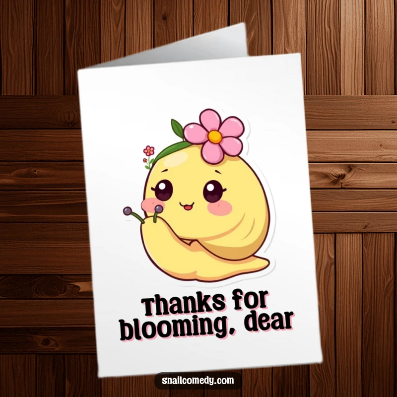 Cute Free Printable Thank You Card with a happy kawaii snail wearing a tiny flower as a hat, conveying thanks with charm.