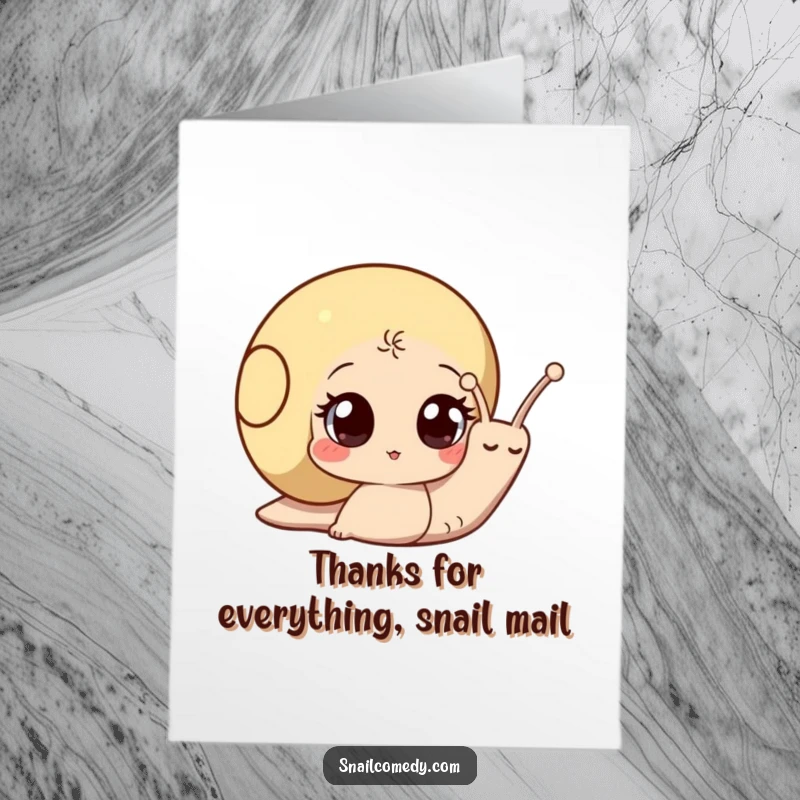 Funny Free Printable Thank You Card: A curious snail with big eyes observes the world from its shell, offering thanks.