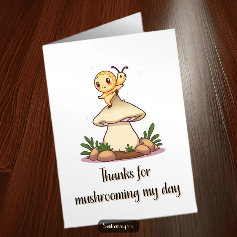 Funny Free Printable Thank You Card: A snail energetically dances on a mushroom cap, a joyful thank you.