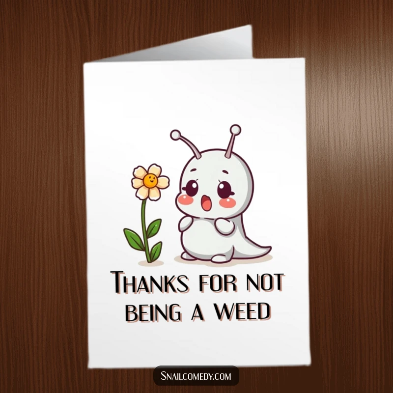 Funny Free Printable Thank You Card: Snail's comical surprise at a flower's infectious giggle. A cute downloadable token of thanks.