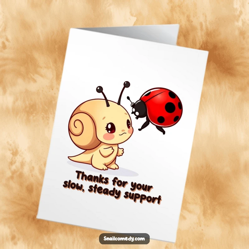 Funny Free Printable Thank You Card: A curious snail character observing a vibrant ladybug with fascination, a unique thank you.