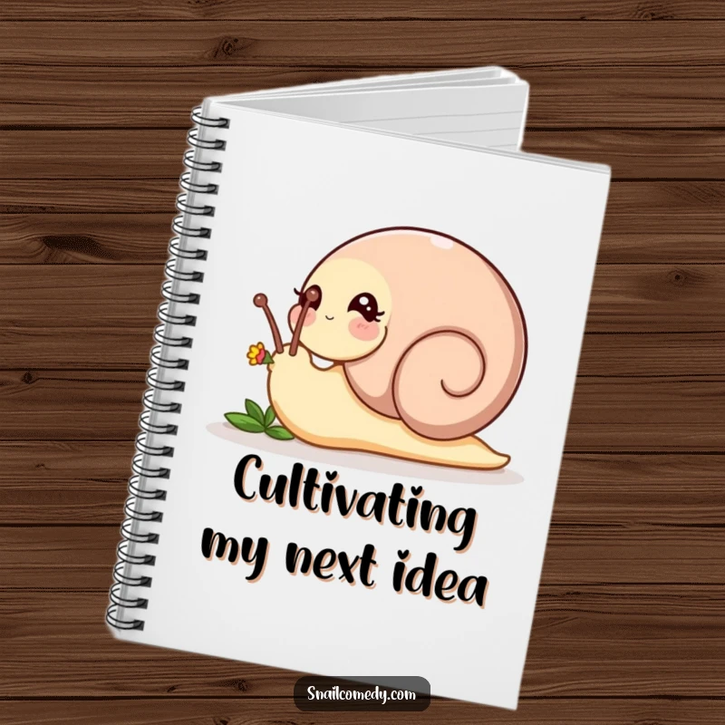 Funny playful snail nudging a tiny flower bud with its head on a lined notebook, a charming funny gift.