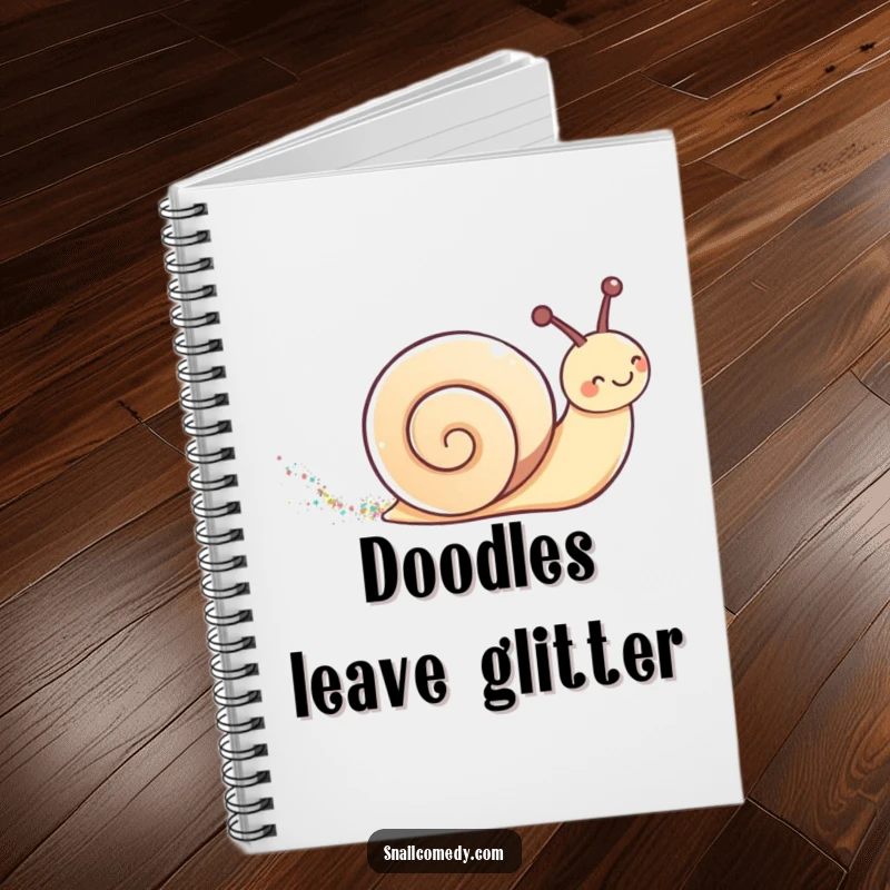 Cute kawaii snail leaving a shimmering glitter trail on a notebook, encouraging magical thoughts.