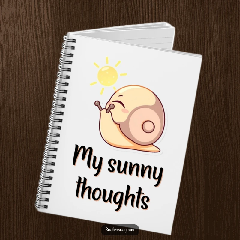 Funny notebook with a content snail character basking in a sunbeam, eyes closed peacefully, perfect for journaling and quiet reflection.