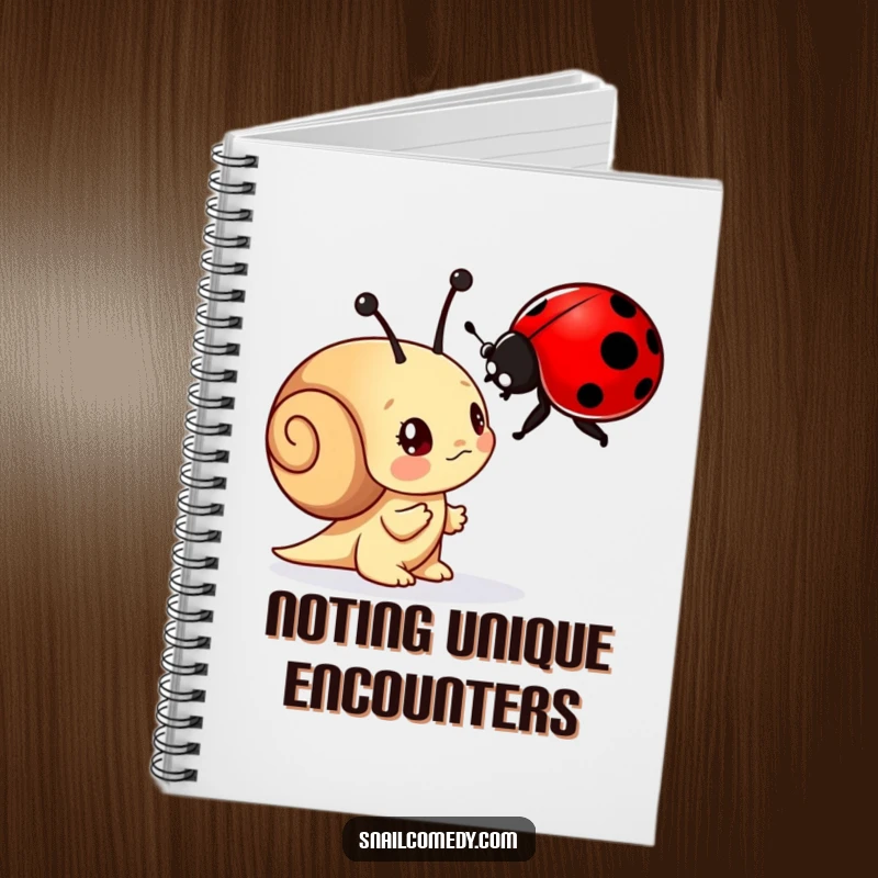 Funny notebook with a curious snail character examining a ladybug with wonder, perfect for journaling and note-taking.