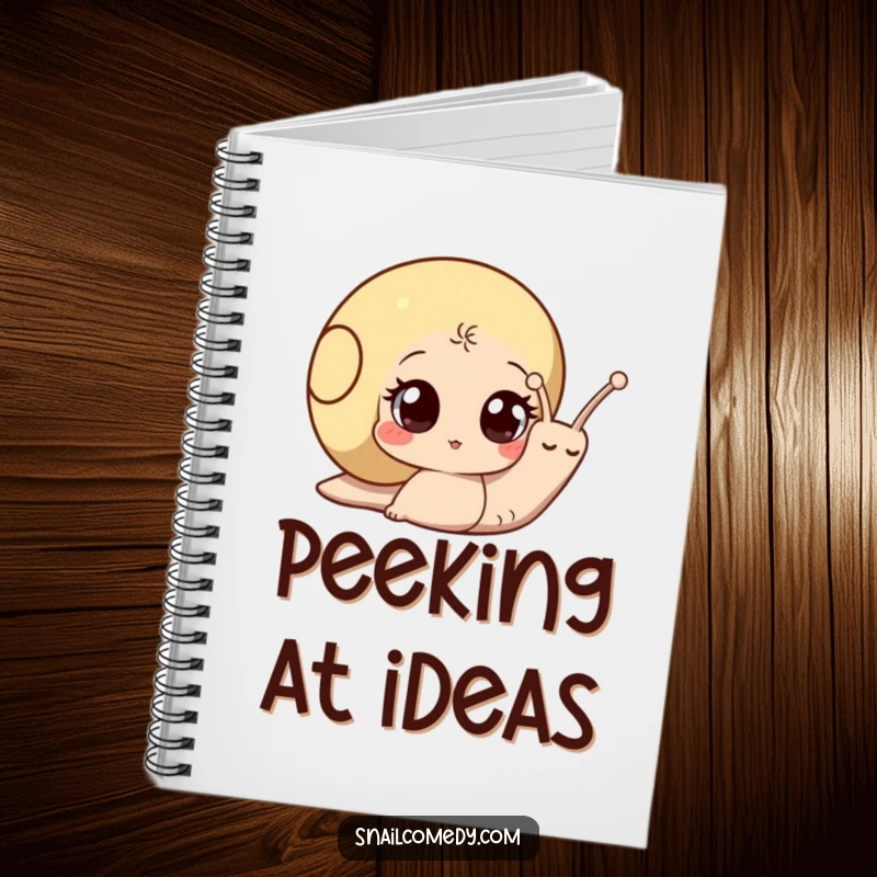 Funny snail notebook with a curious snail peeking out from its shell on the cover, inspiring creativity and wit.