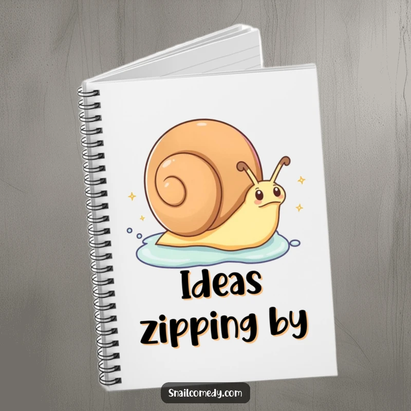 Funny Notebook: An excited snail zips along, leaving a trail of sparkling slime, inviting users to jot down their fast-paced ideas.