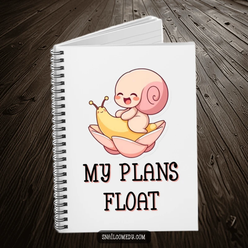 Funny notebook with a snail giggling happily while riding a floating petal. Ideal for journaling joyful thoughts.
