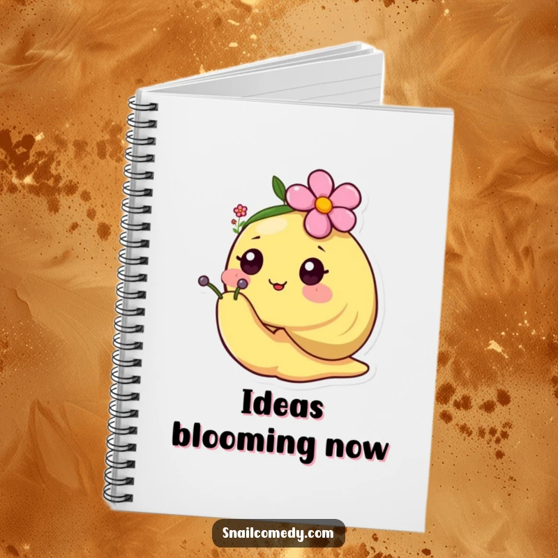 Happy kawaii snail wearing a tiny flower hat on a notebook, encouraging cheerful thoughts.