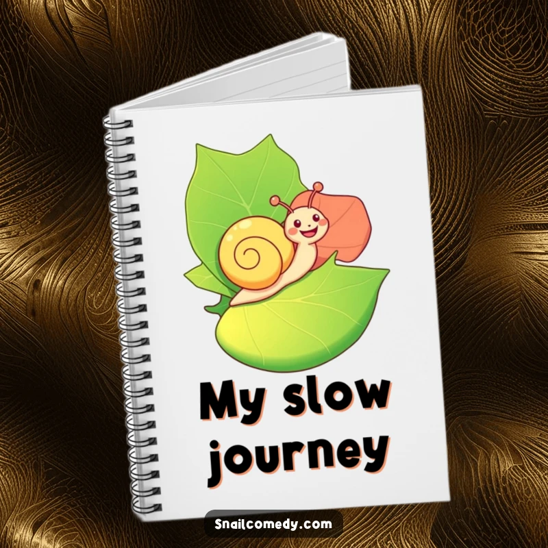 Funny Notebook: A happy snail joyfully rides on a large, colorful leaf, inviting users to jot down their own slow and steady thoughts.