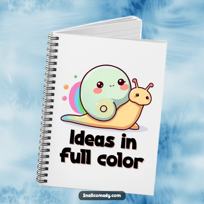 Funny Snail Notebook featuring a happy snail painting a rainbow with its slime trail, ideal for creative notes.