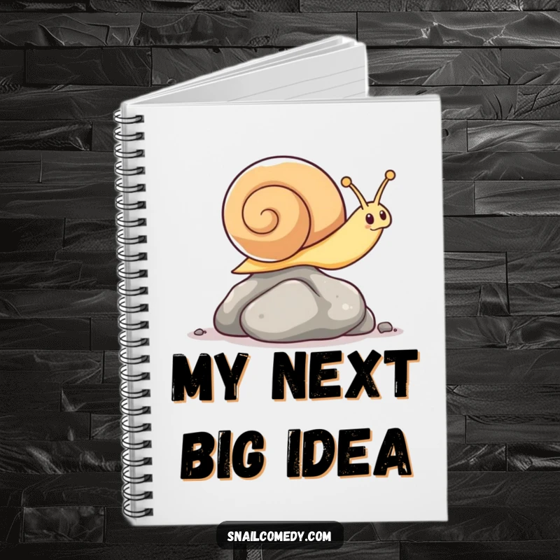 Funny notebook with a kawaii snail demonstrating surprising agility as it leaps over a small pebble.