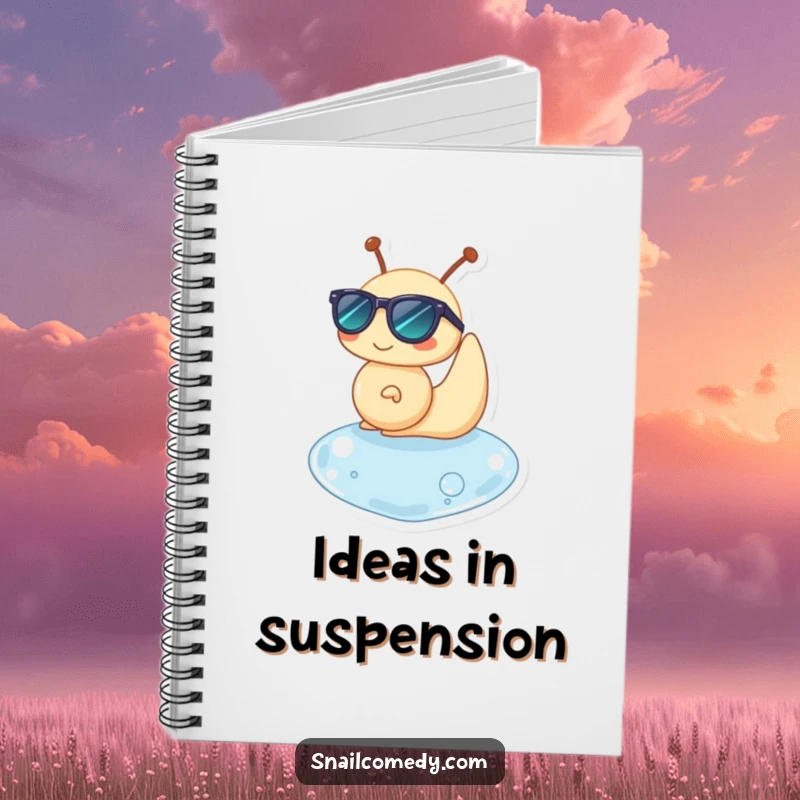 Funny notebook with a snail character in sunglasses, happily floating on a water drop, for jotting ideas.