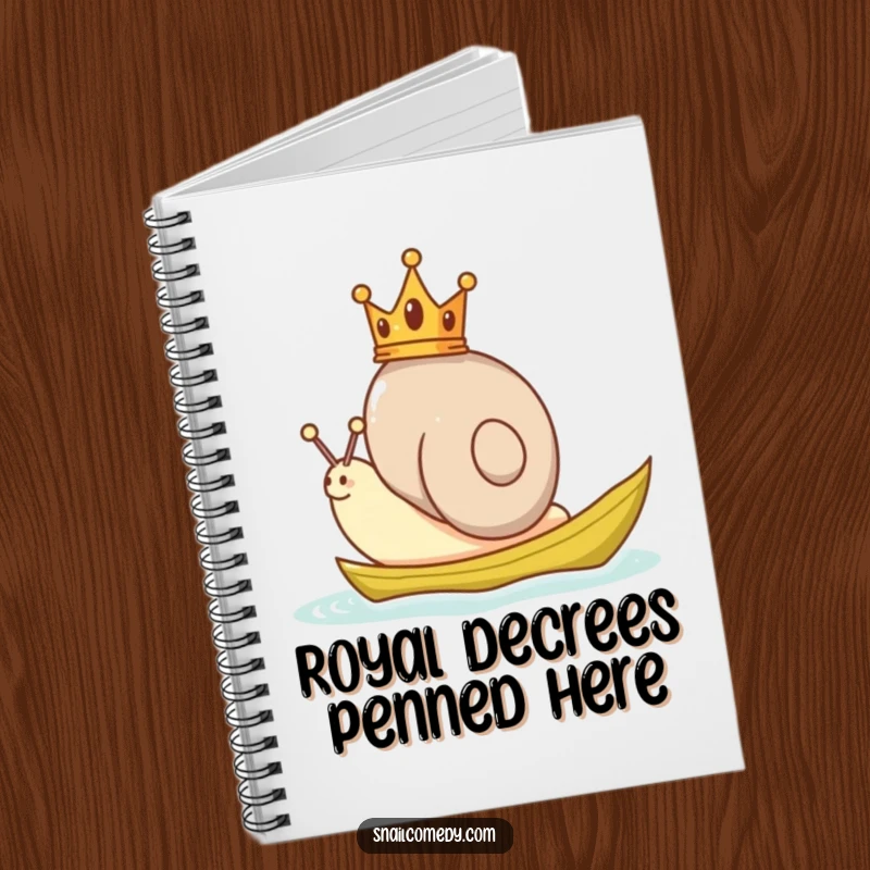Funny Snail Notebook featuring a crowned snail sailing on a leaf, ideal for jotting down notes and royal plans.