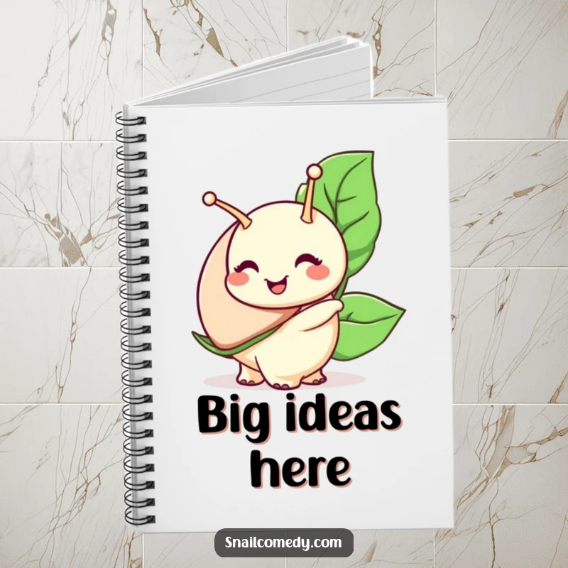Funny snail notebook, a snail character with a wide smile carries a large leaf, perfect for jotting down happy notes.