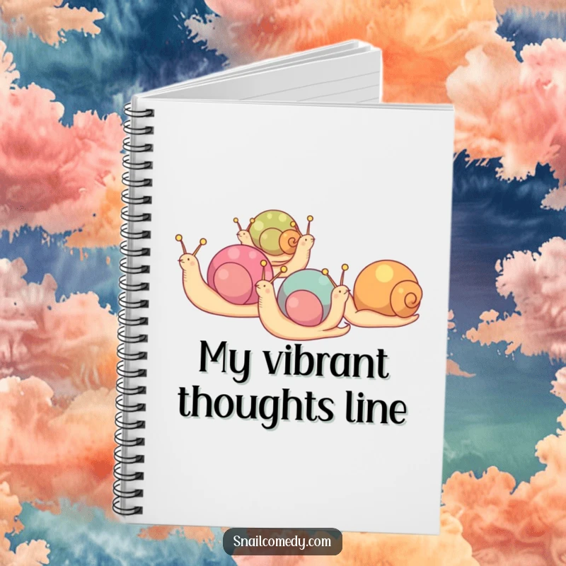 Funny notebook with snails having colorful shells, marching in a line, great for notes.