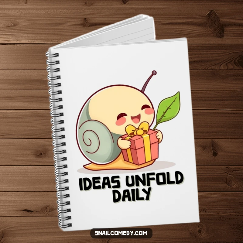 Funny snail unwrapping a leaf present on a notebook cover, inspiring joy and creativity, great for jotting notes, a great funny gift.